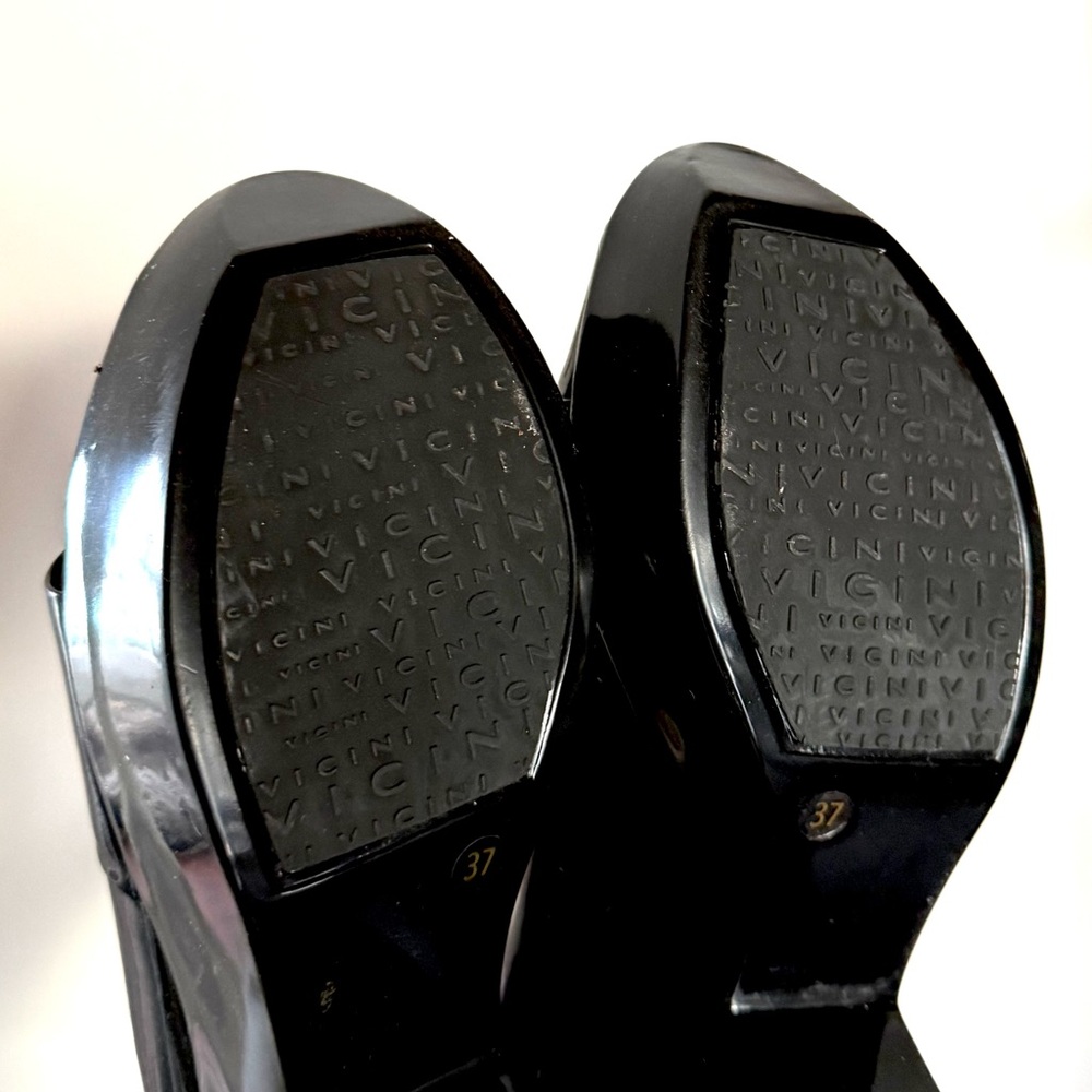 Vicini Tapeet Black Patent Leather Platform Peep Toe Heels Shoes - Picture 12 of 15